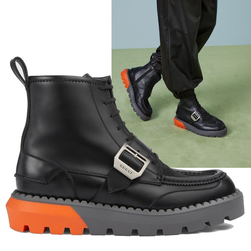 GUCCI BOOTS MENS GG LOGO CANVAS BLACK LEATHER LACE UP ANKLE sz 8 8.5 US
